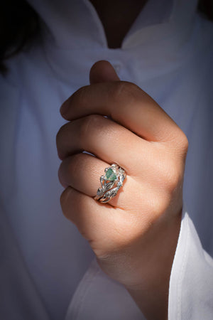 Moss agate engagement ring, salt and pepper diamond wedding band / Clematis - Eden Garden Jewelry™