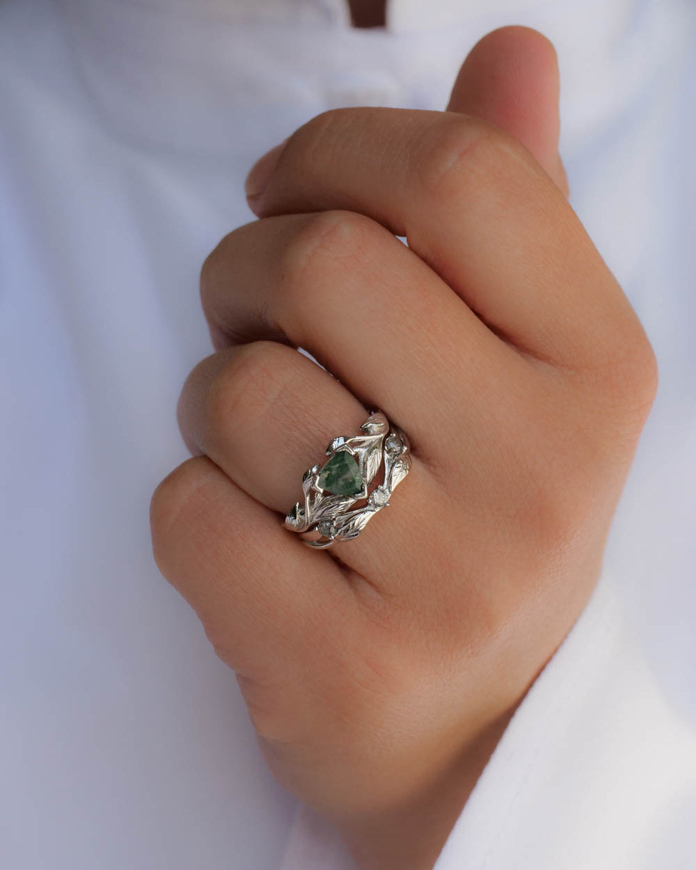 Moss agate engagement ring, salt and pepper diamond wedding band / Clematis - Eden Garden Jewelry™