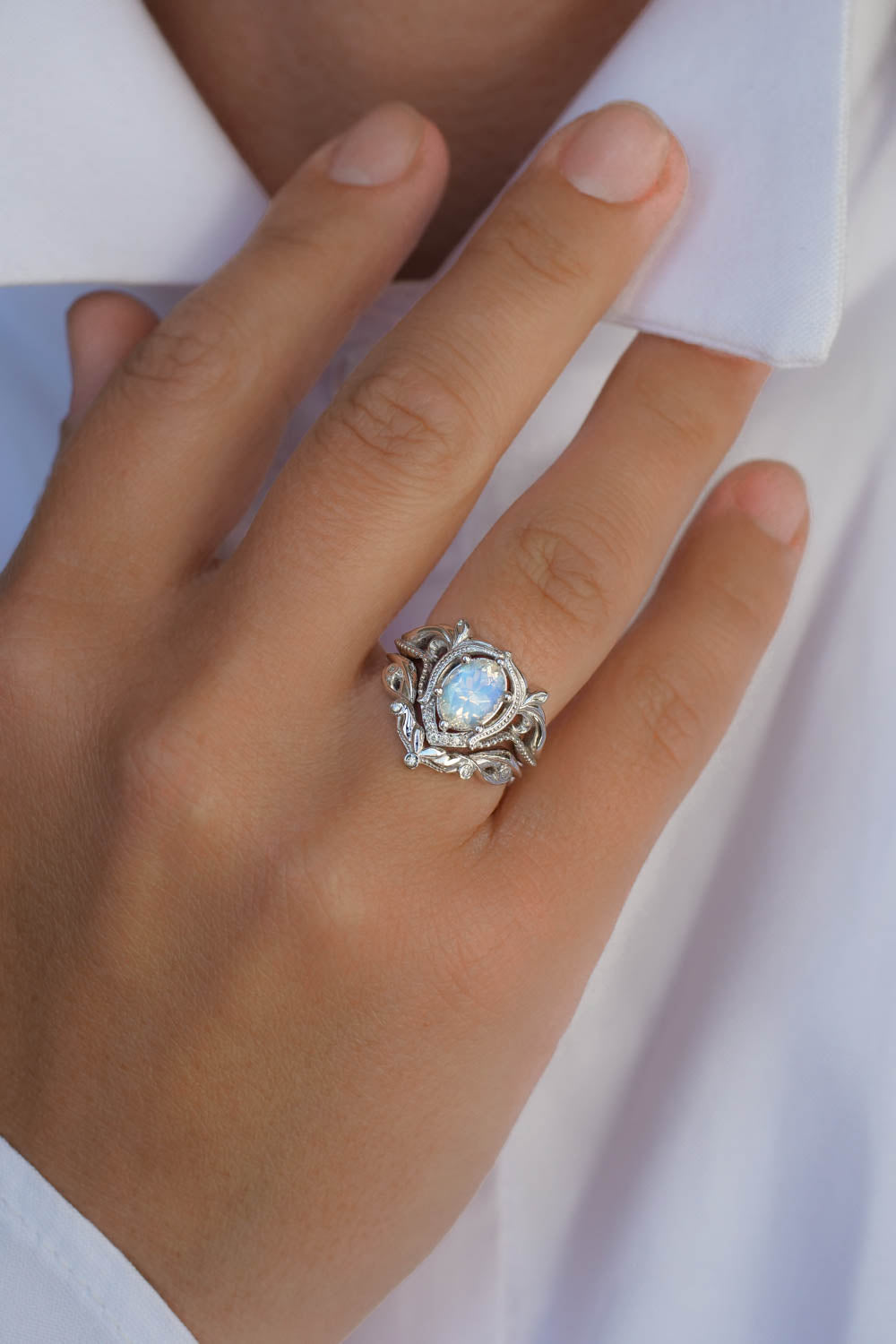 READY TO SHIP: Lida ring set in 14K white gold, oval moonstone 8x6 mm, moissanites, RING SIZE 6 US - Eden Garden Jewelry™