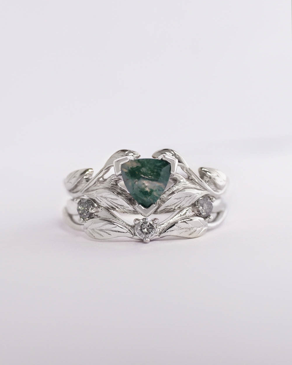 Moss agate engagement ring, salt and pepper diamond wedding band / Clematis - Eden Garden Jewelry™