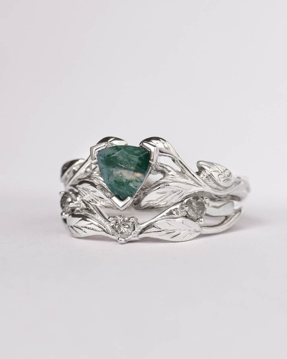 Moss agate engagement ring, salt and pepper diamond wedding band / Clematis - Eden Garden Jewelry™