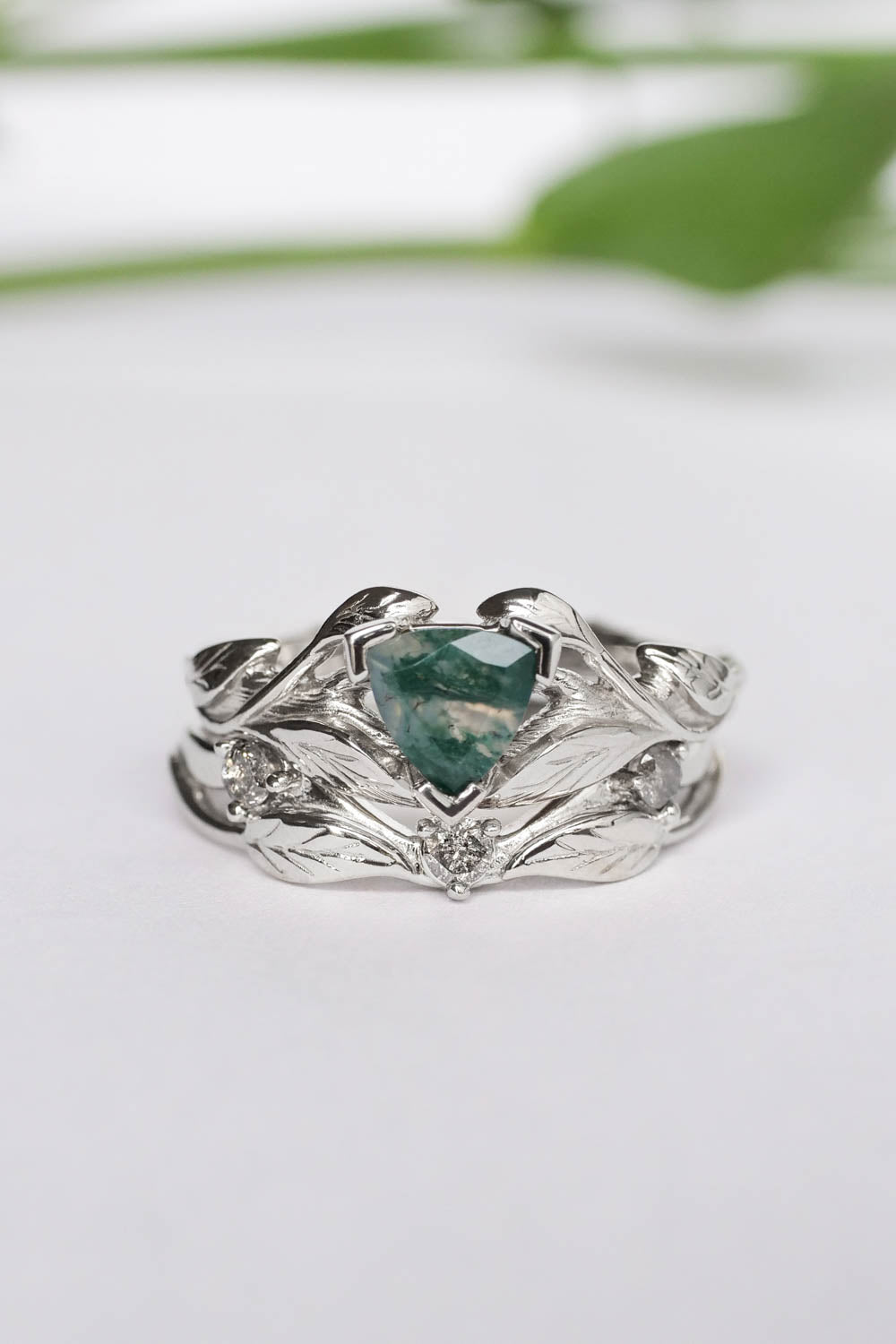Moss agate engagement ring, salt and pepper diamond wedding band / Clematis - Eden Garden Jewelry™