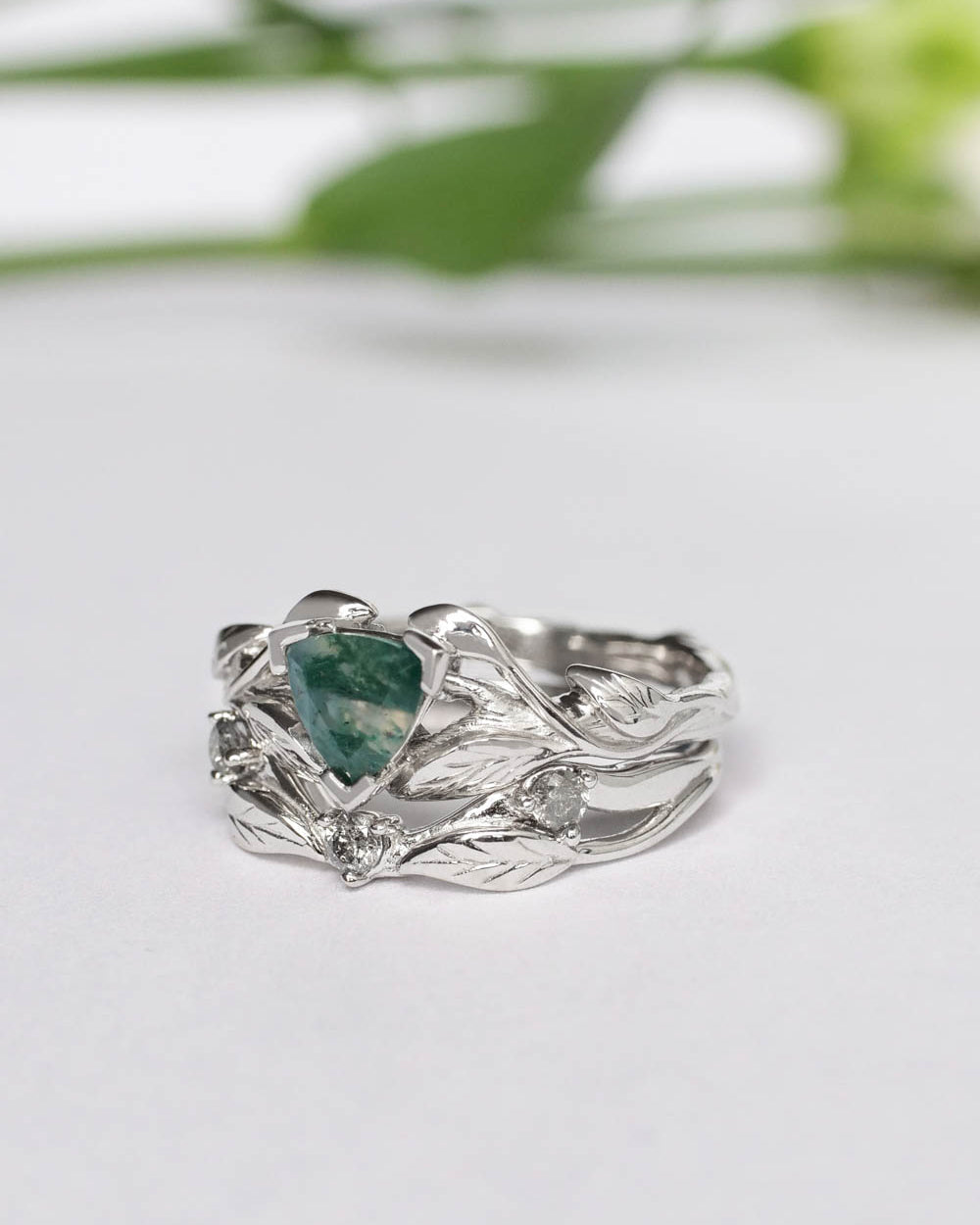 Moss agate engagement ring, salt and pepper diamond wedding band / Clematis - Eden Garden Jewelry™