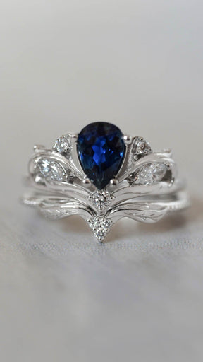 Blue sapphire leaf engagement rings, bridal ring set / Swanlake - Eden Garden Jewelry™