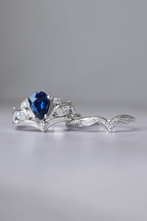 Blue sapphire leaf engagement rings, bridal ring set / Swanlake - Eden Garden Jewelry™