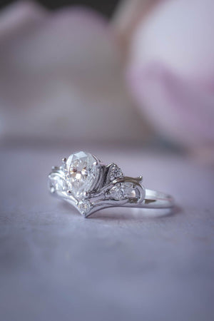 Gold ring with pear cut moissanite, white proposal ring / Swanlake - Eden Garden Jewelry™
