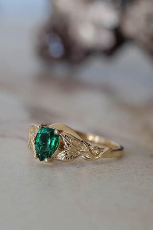 Teardrop emerald engagement ring, gold leaves ring / Azalea - Eden Garden Jewelry™