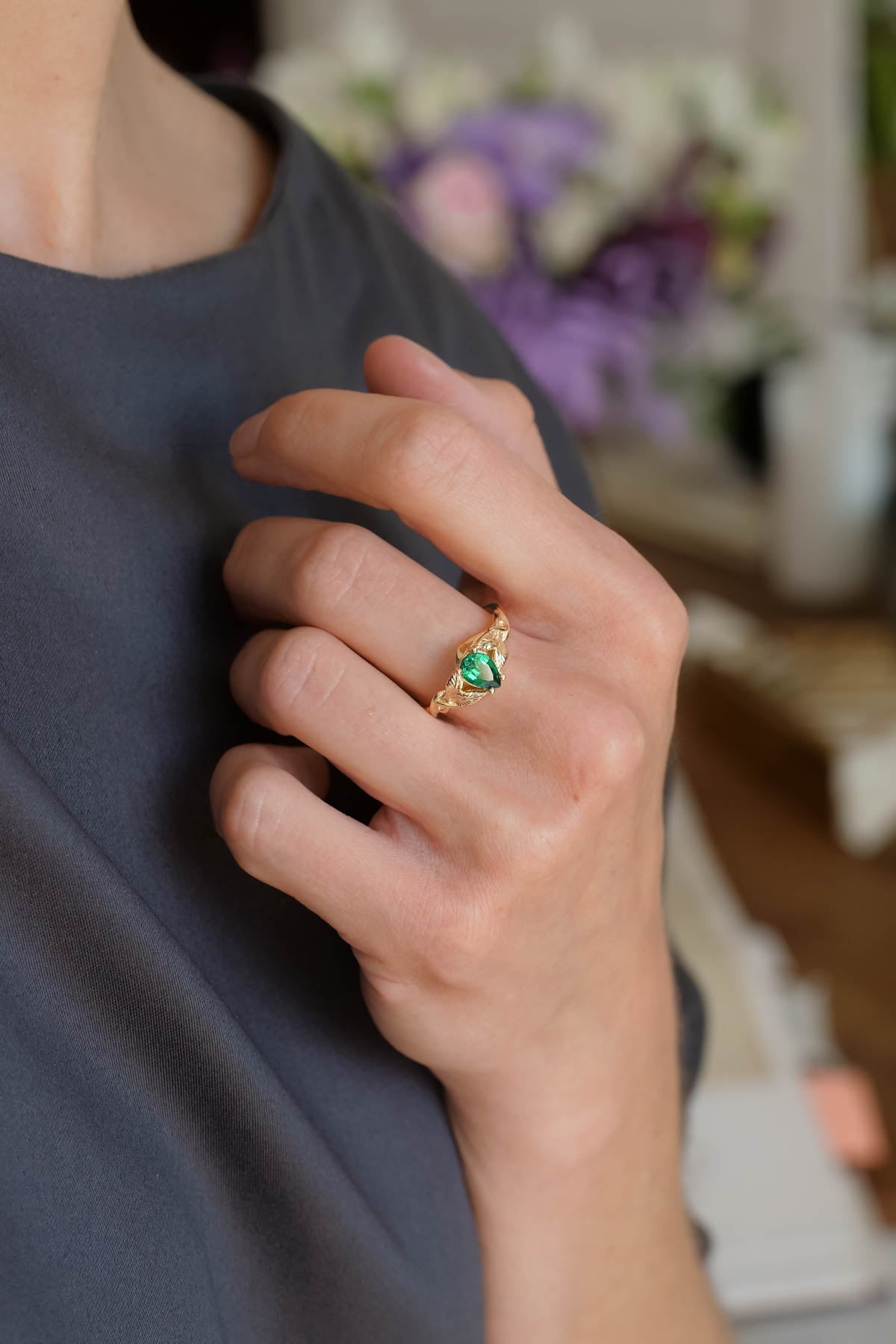 Elvish Engagement Ring with Salt and Pepper Diamond / Horta