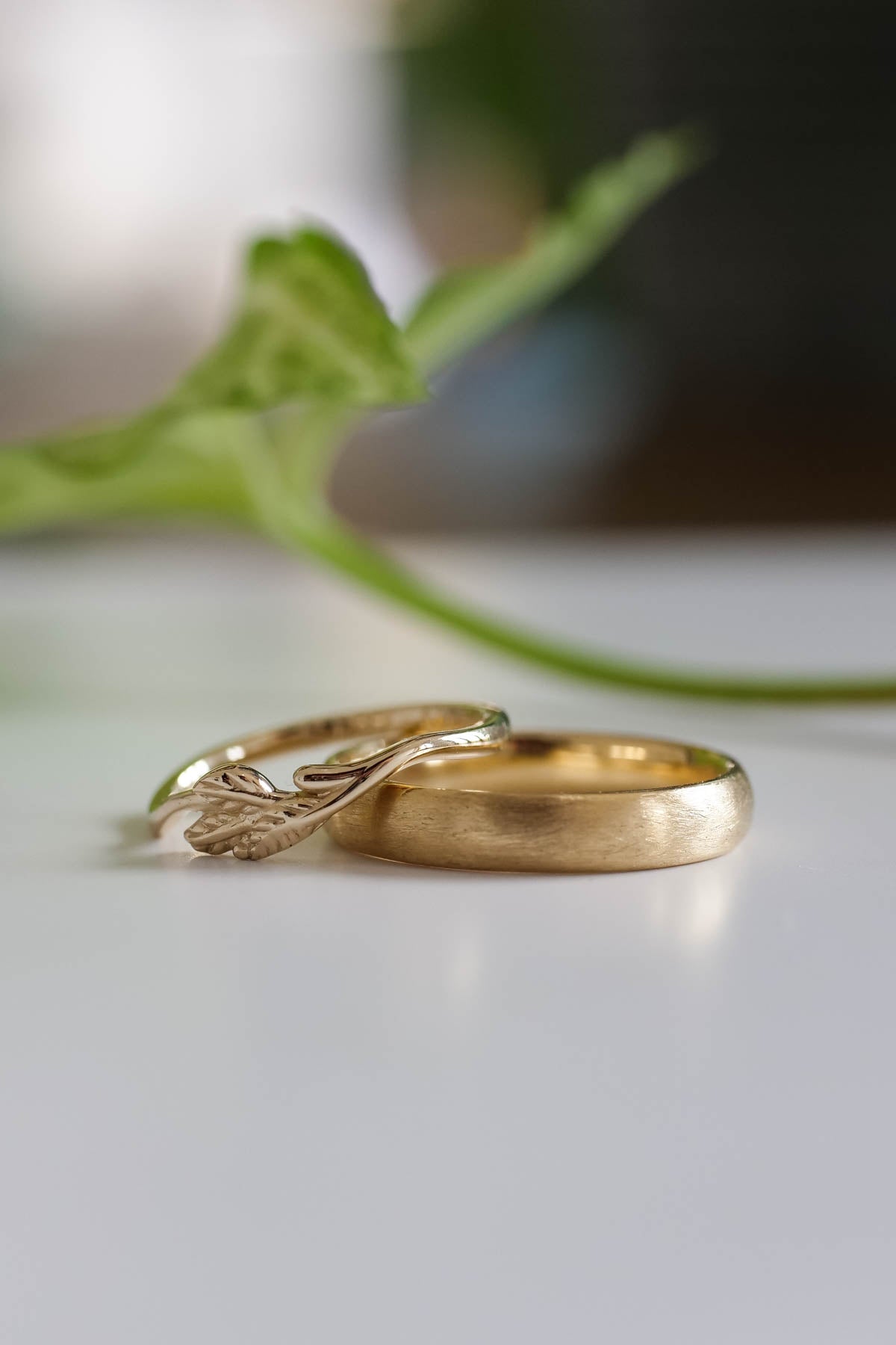 Wedding bands set for couple: satin band for him, branch band for her - Eden Garden Jewelry™