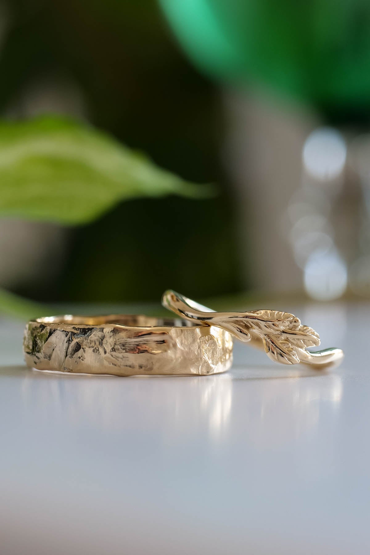 Wedding rings set for couple: textured band for him, twig band for her - Eden Garden Jewelry™