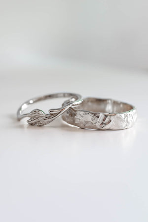 Wedding rings set for couple: textured band for him, twig band for her - Eden Garden Jewelry™