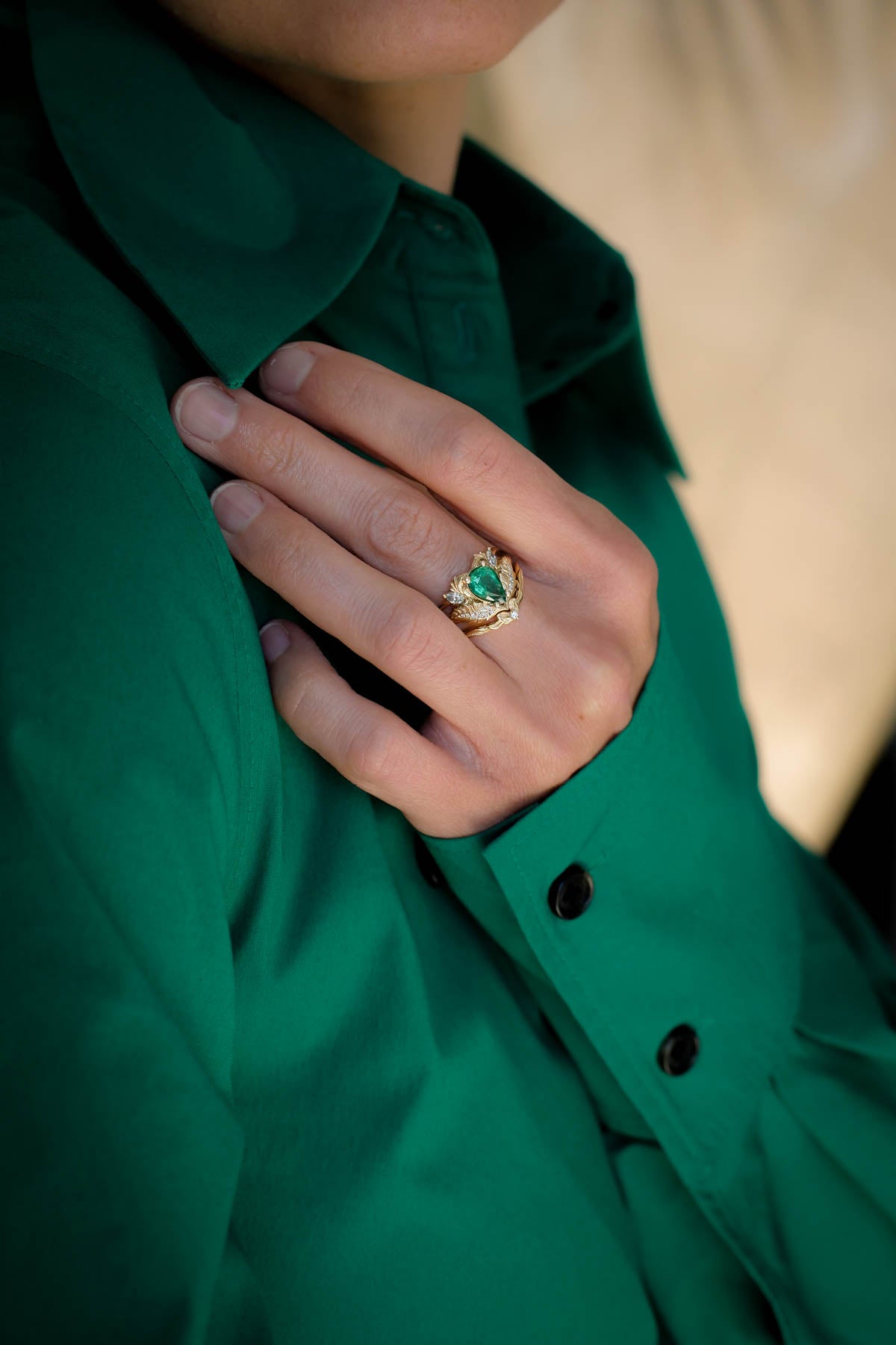 Nature inspired emerald engagement ring set / Adonis - Eden Garden Jewelry™