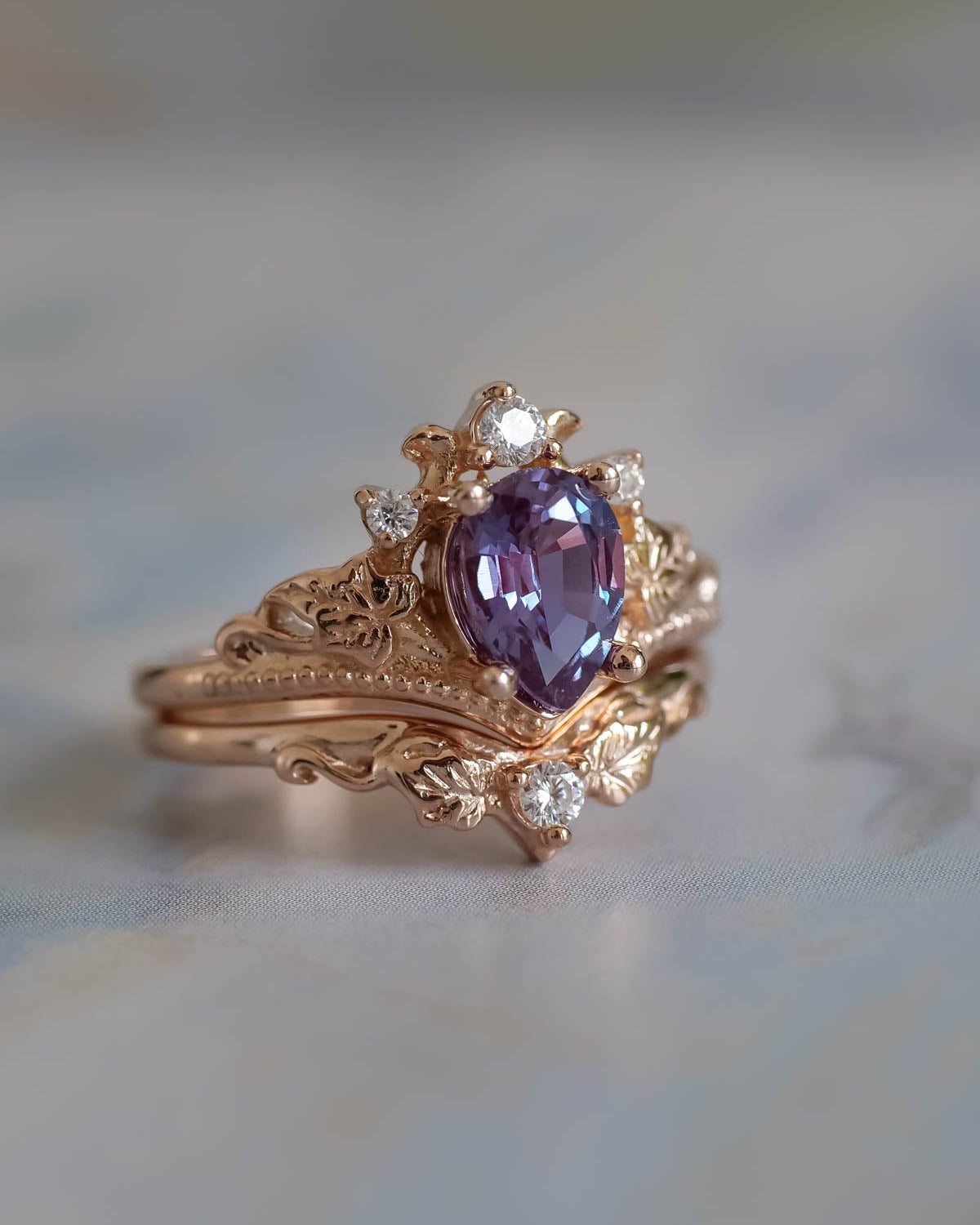 Elvish Ring Set With Color Changing Alexandrite| Nature Motif Ring Set ...