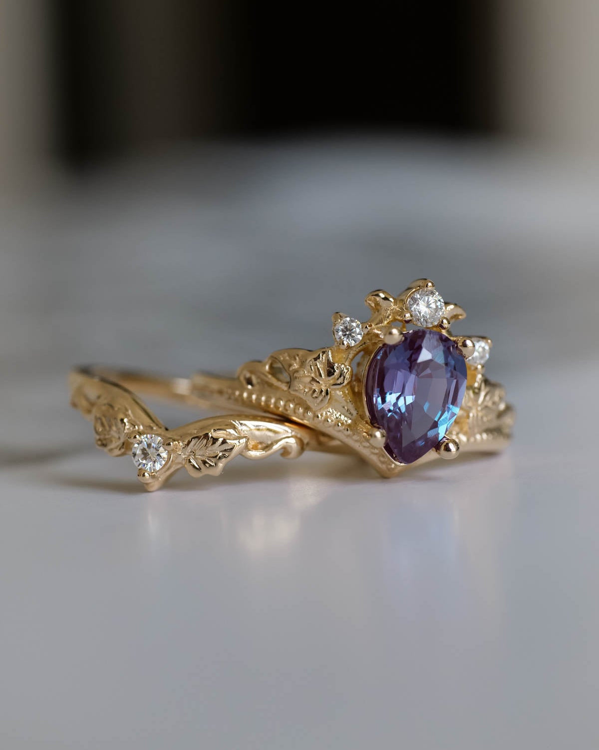 Elvish Ring Set With Color Changing Alexandrite| Nature Motif Ring Set ...