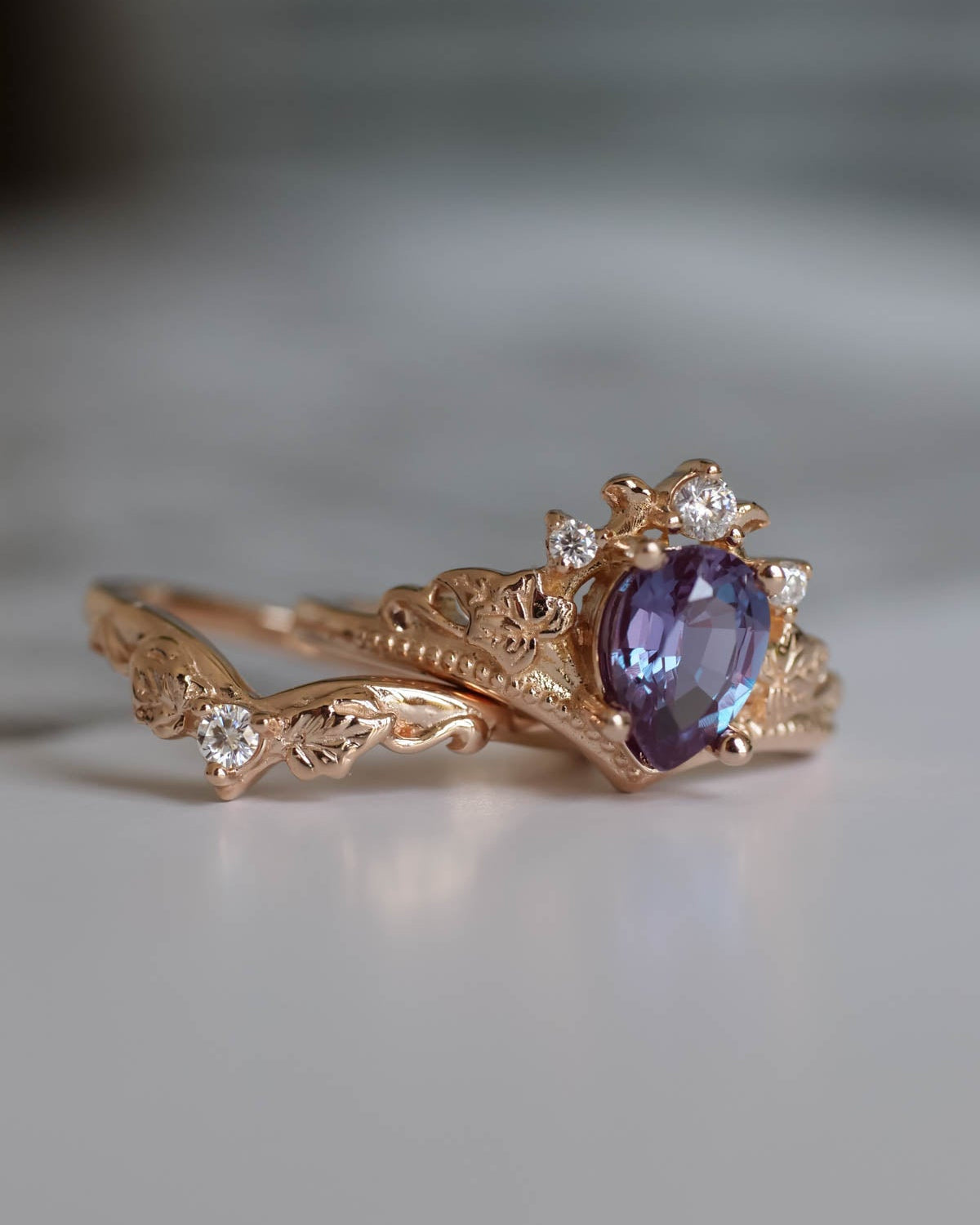 Elvish Ring Set With Color Changing Alexandrite| Nature Motif Ring Set ...