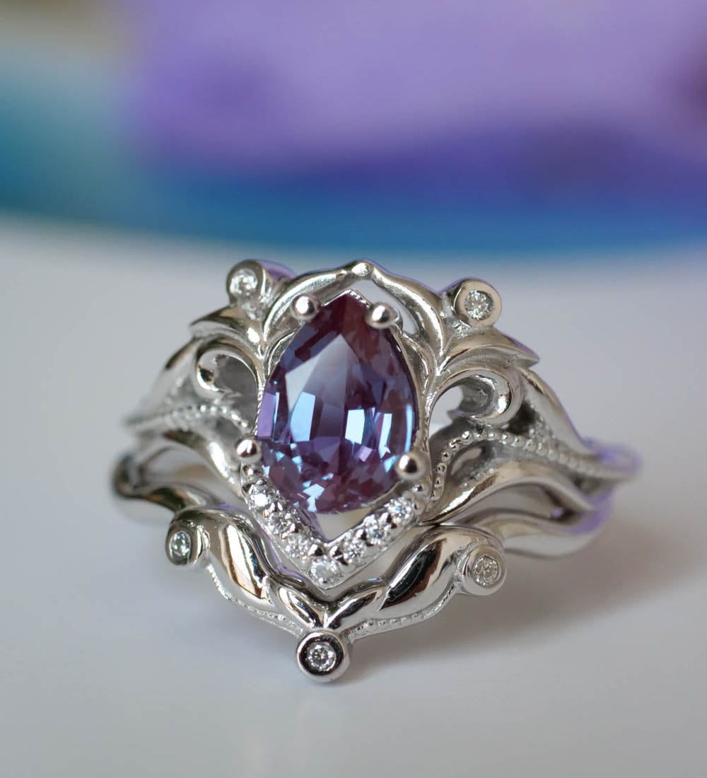 Diamond engagement ring set with lab alexandrite / Lida - Eden Garden Jewelry™