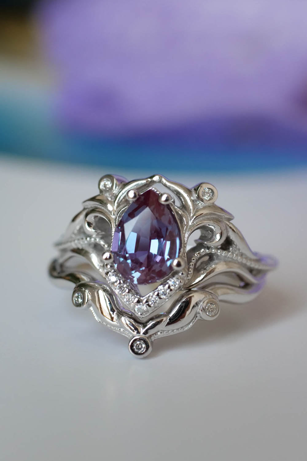 Diamond engagement ring set with lab alexandrite / Lida - Eden Garden Jewelry™