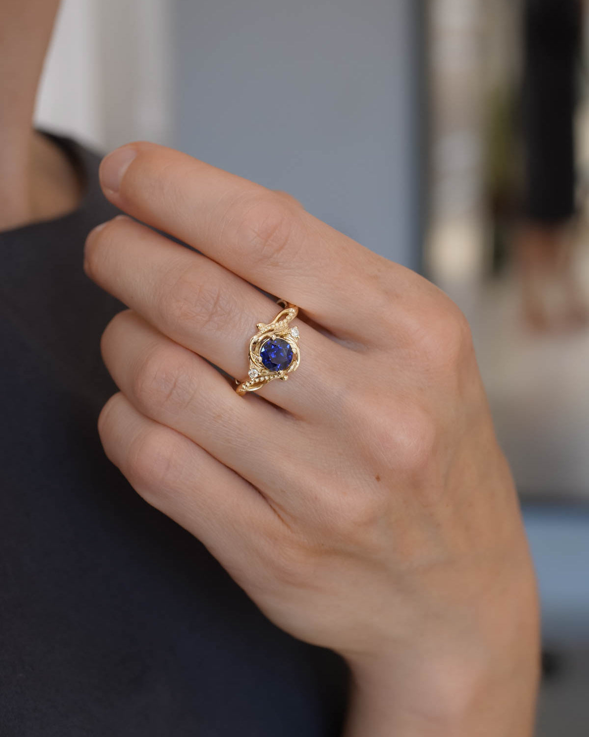 Fantasy engagement ring with blue lab sapphire / Undina - Eden Garden Jewelry™