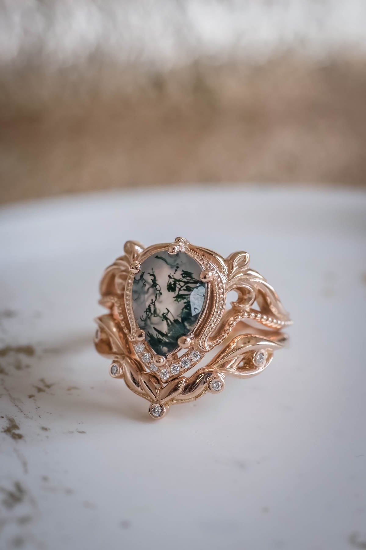 Moss agate engagement ring set, alternative ring set / Lida - Eden Garden Jewelry™