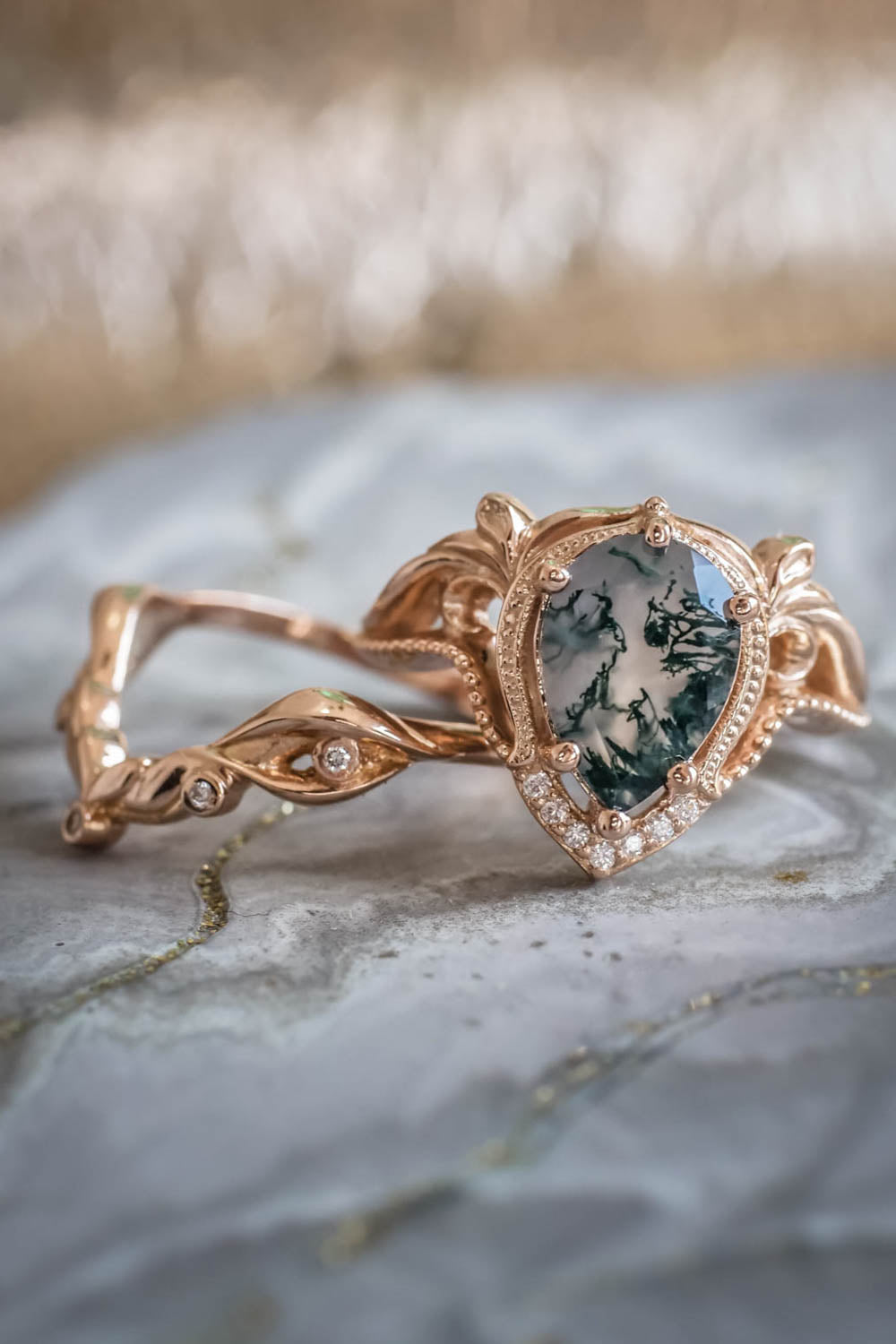 Couples ringset with Moss agate, engagement ring, moss agate jewelry, moss  agate wedding ring set, green moss agate ring, rings moss agate