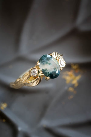 Green moss agate engagement ring, promise ring with diamonds