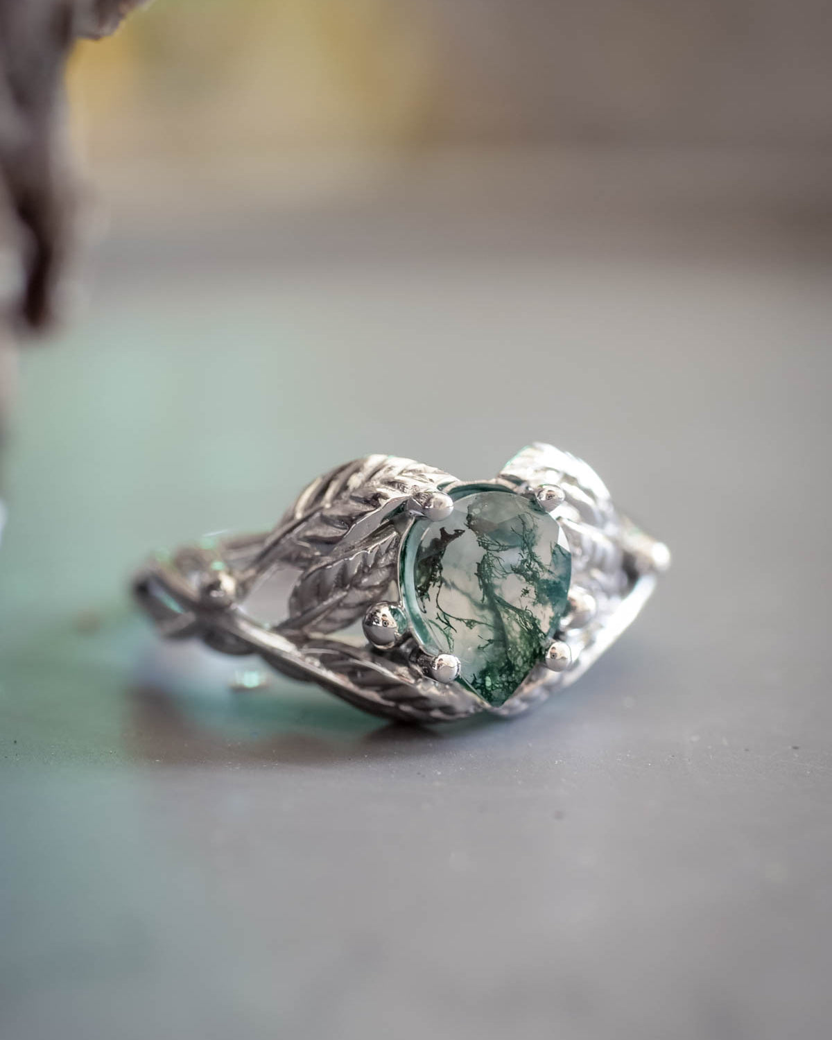 Natural moss agate engagement ring, tree branch ring / Viola - Eden Garden Jewelry™