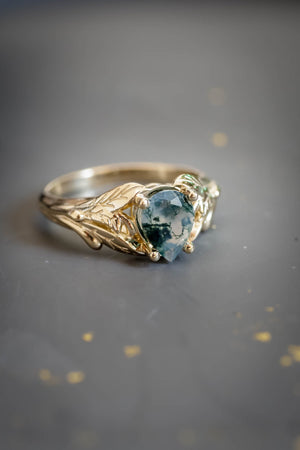 Moss agate gold ring, leaves engagement ring / Wisteria - Eden Garden Jewelry™