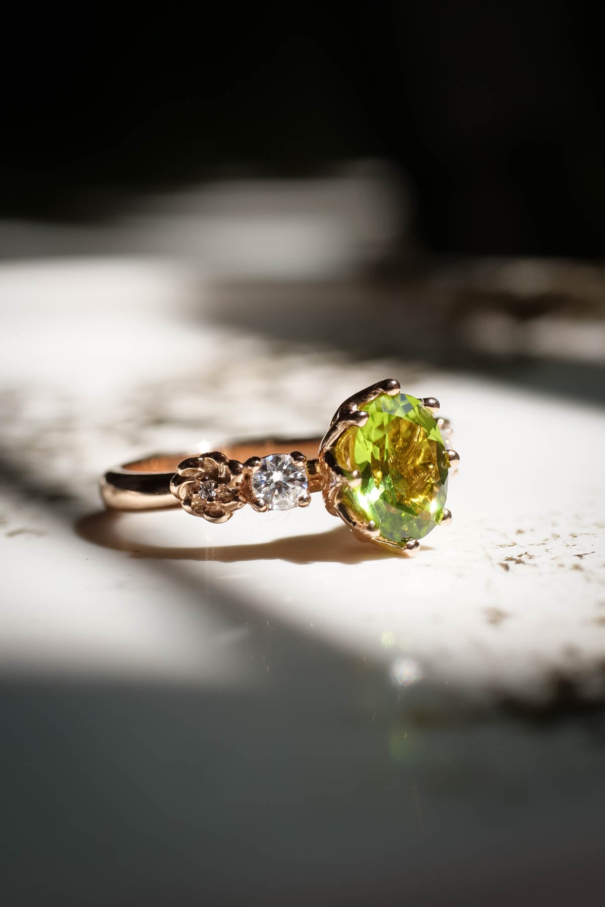 Peridot engagement ring, flower promise ring with diamonds / Fiorella - Eden Garden Jewelry™
