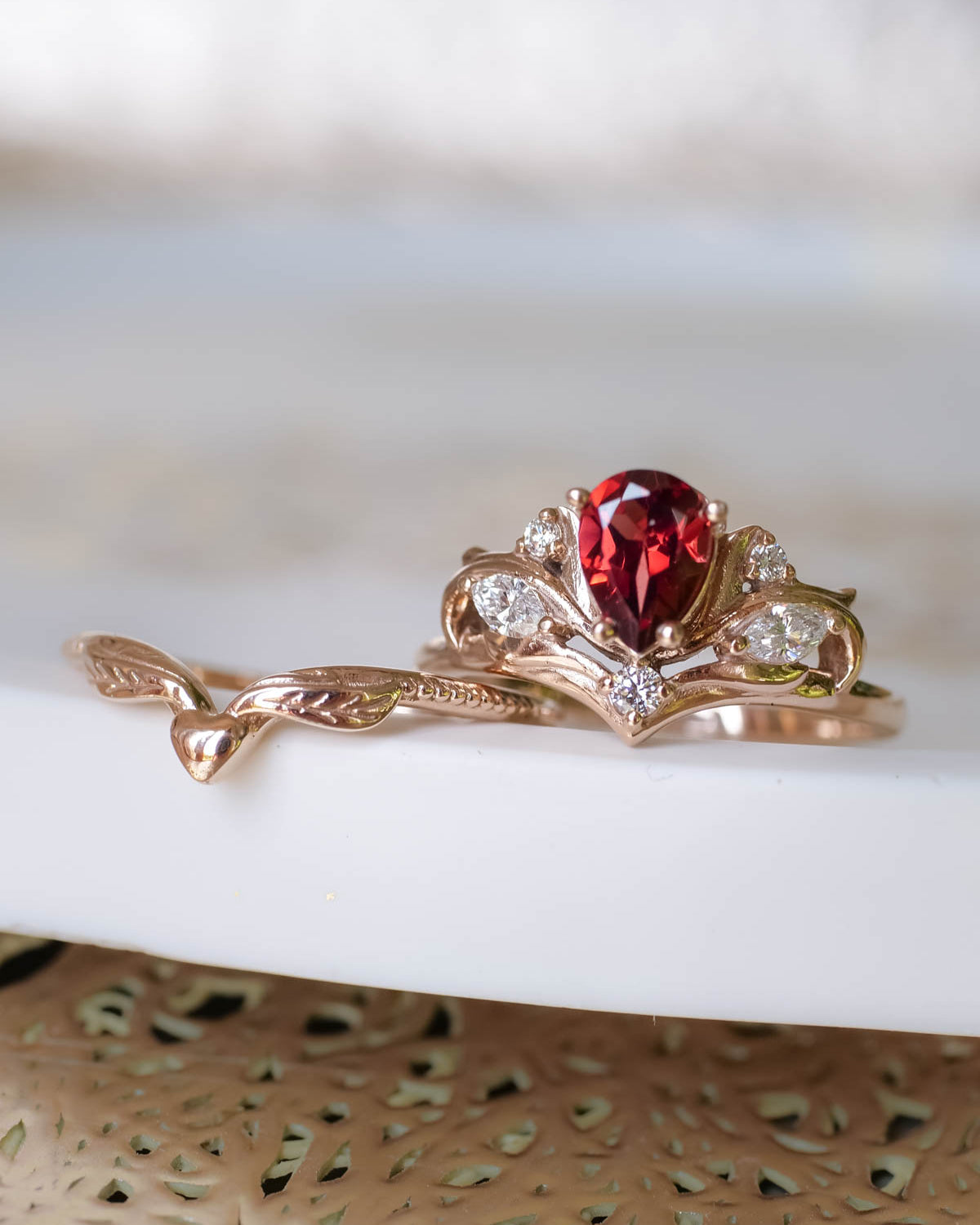 Pear shaped garnet engagement ring, alternative bridal ring set / Swanlake - Eden Garden Jewelry™