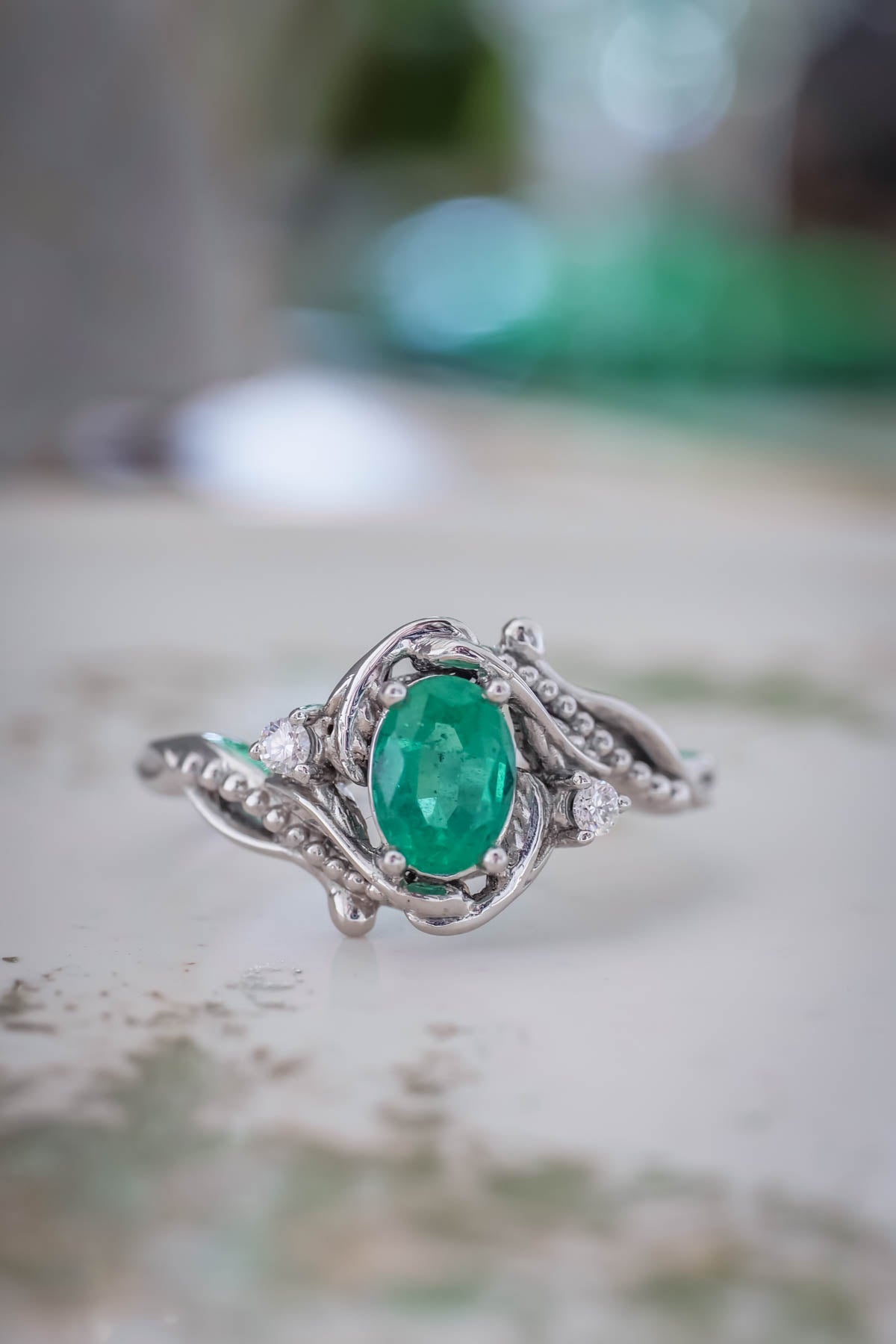 Botanical engagement ring with emerald / Undina - Eden Garden Jewelry™
