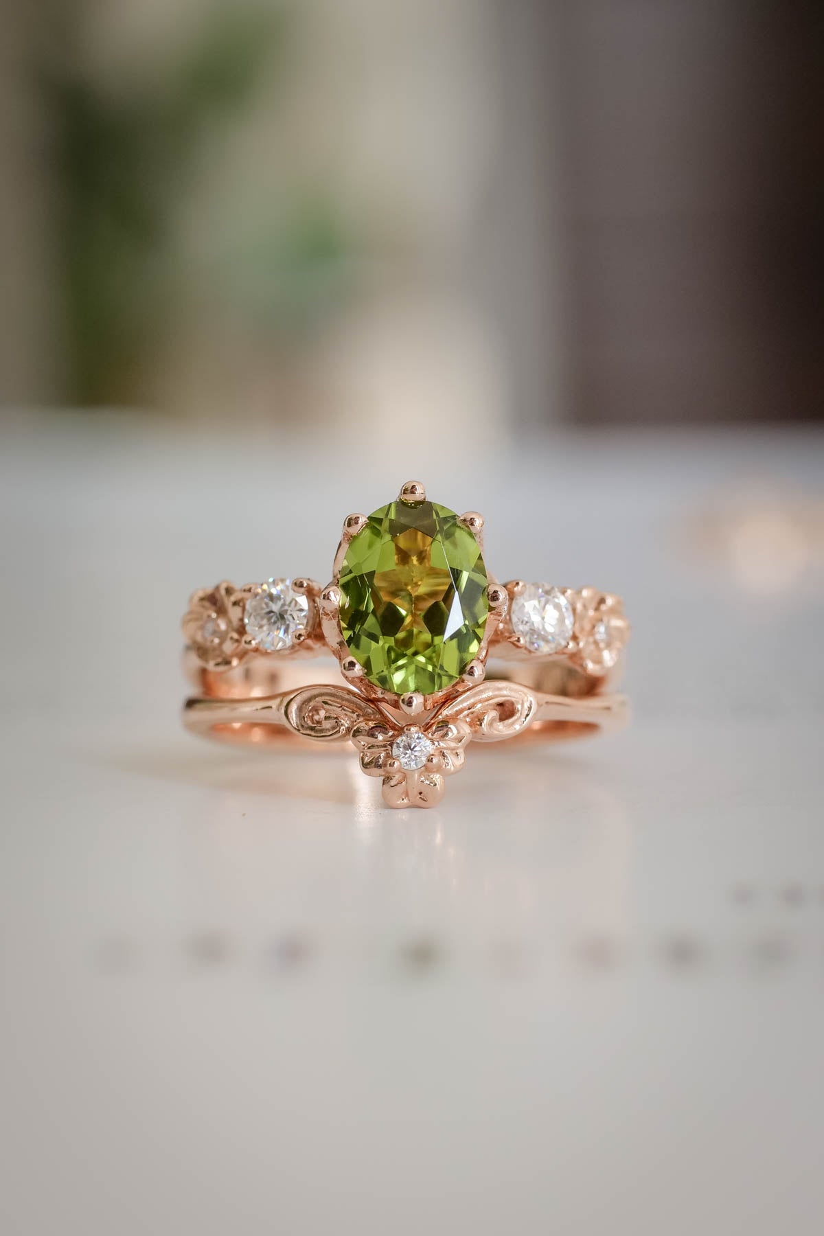 Elvish engagement ring set with peridot, fantasy gold flower rings / Fiorella - Eden Garden Jewelry™