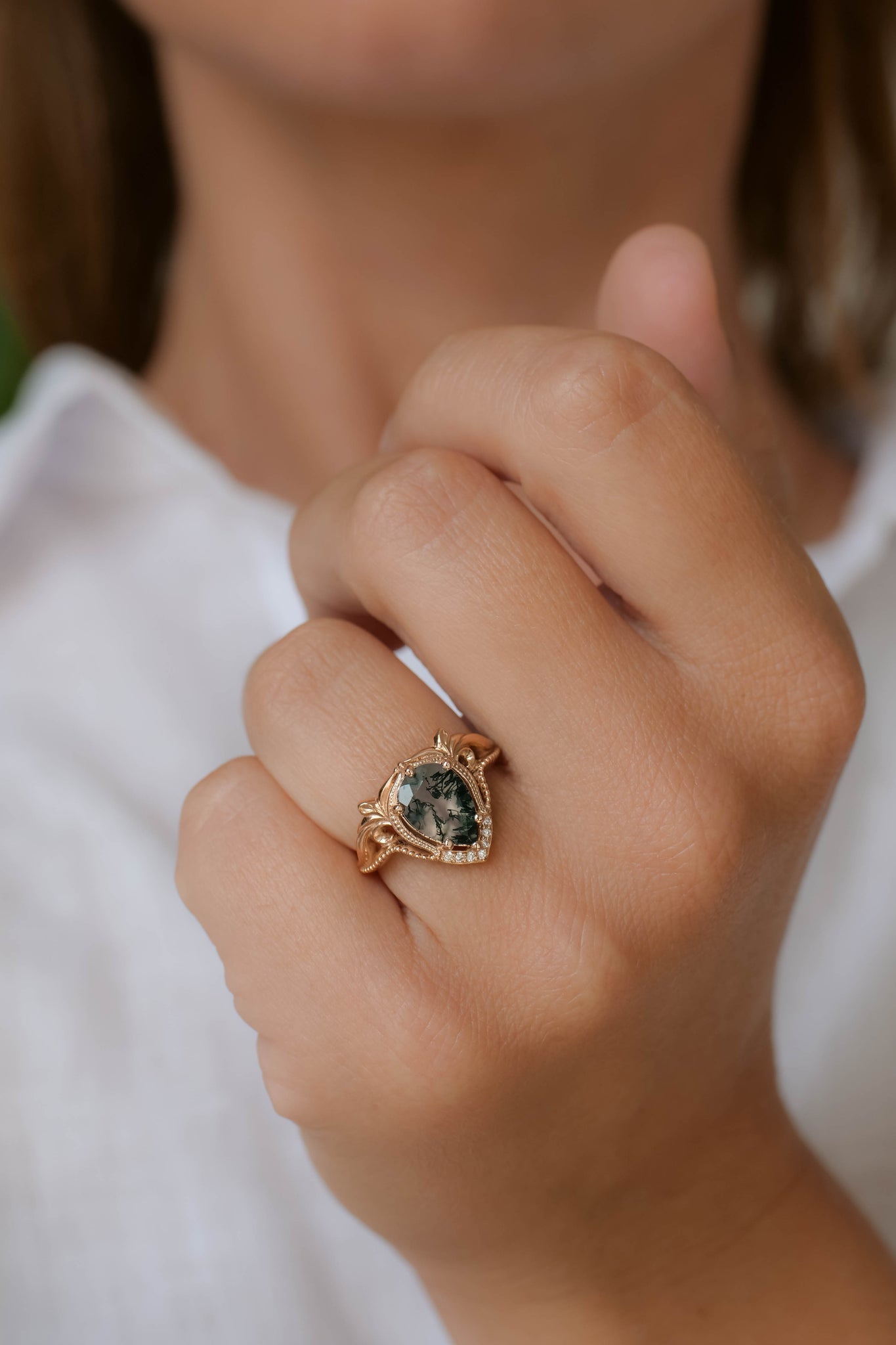 Pear moss agate engagement ring, gold statement ring / Lida - Eden Garden Jewelry™