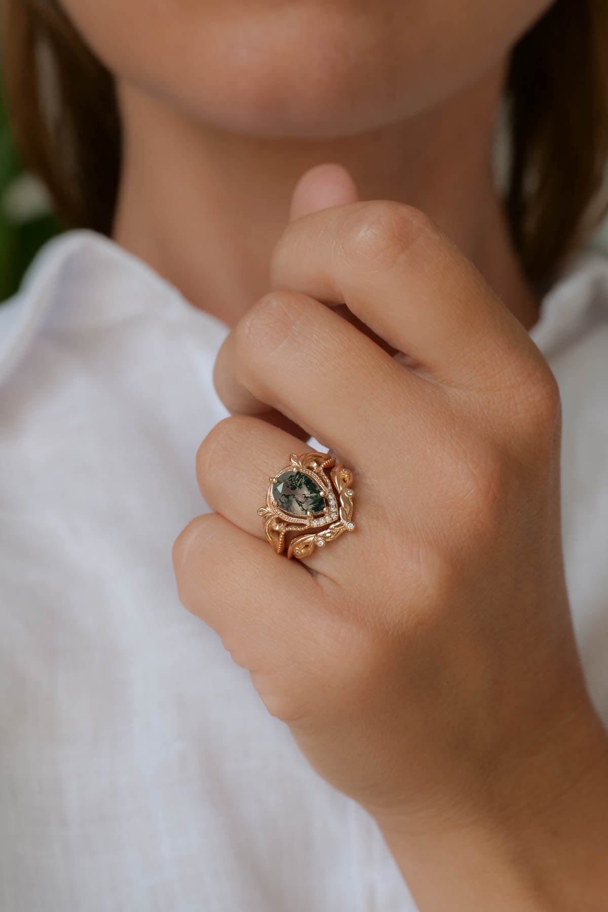 Moss agate engagement ring set, alternative ring set / Lida - Eden Garden Jewelry™