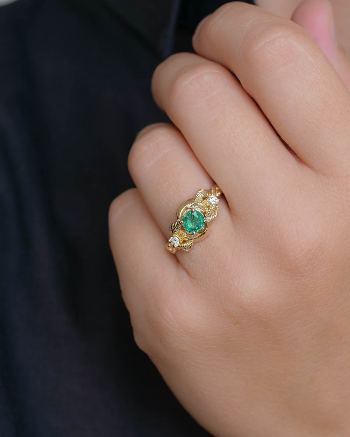 Emerald proposal ring, leaf twig ring with diamonds / Azalea - Eden Garden Jewelry™