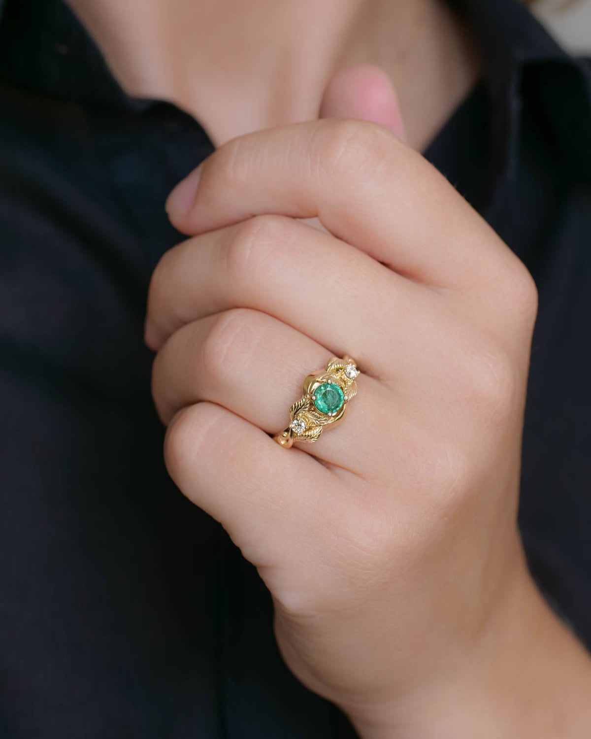 Emerald proposal ring, leaf twig ring with diamonds / Azalea - Eden Garden Jewelry™
