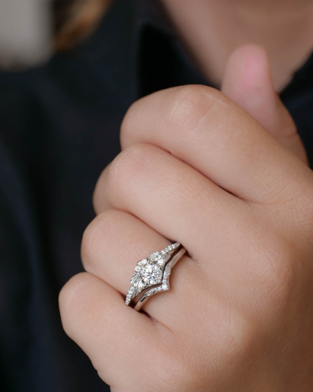 Platinum engagement ring set with moissanite / Amelia - Eden Garden Jewelry™