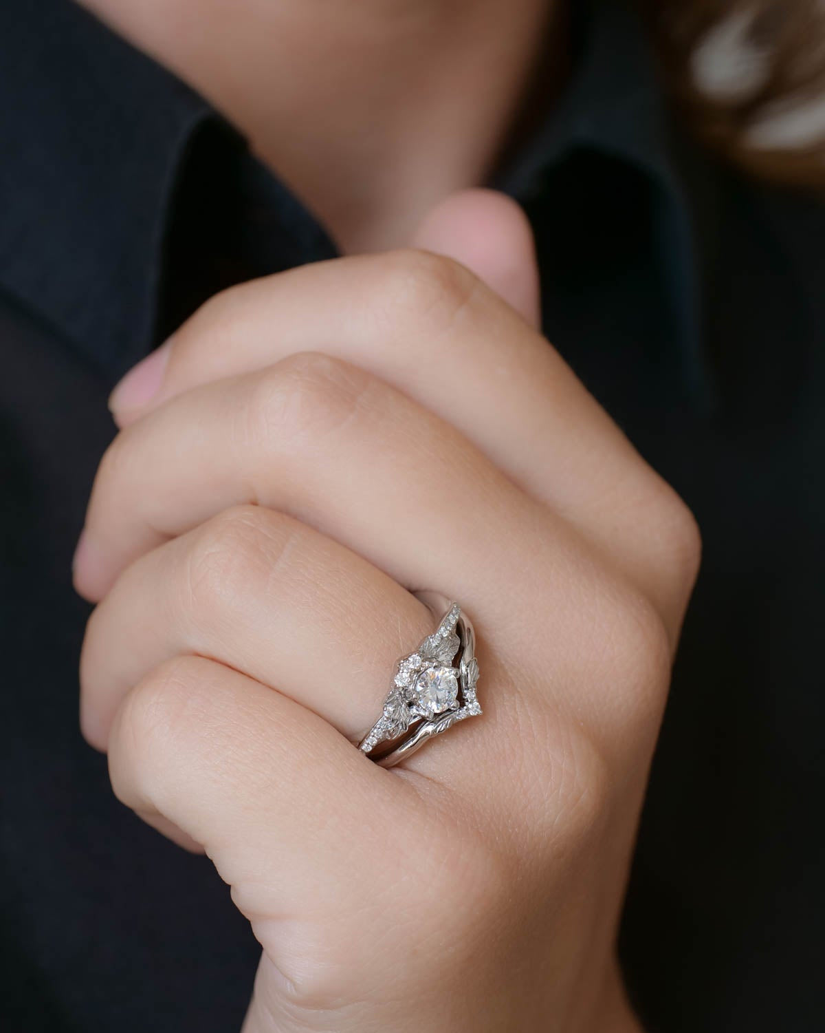 Platinum engagement ring set with moissanite / Amelia - Eden Garden Jewelry™