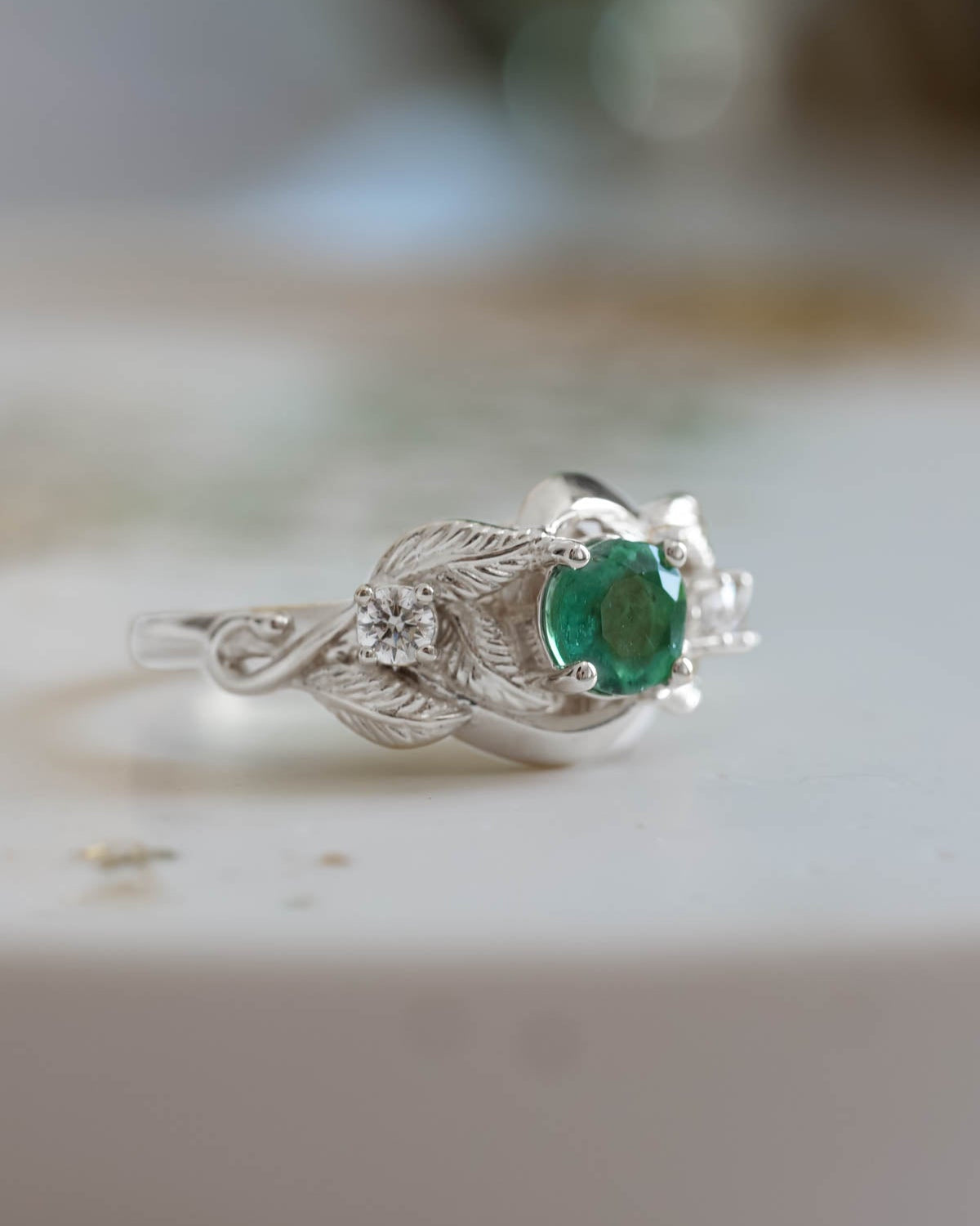 Emerald proposal ring, leaf twig ring with diamonds / Azalea - Eden Garden Jewelry™