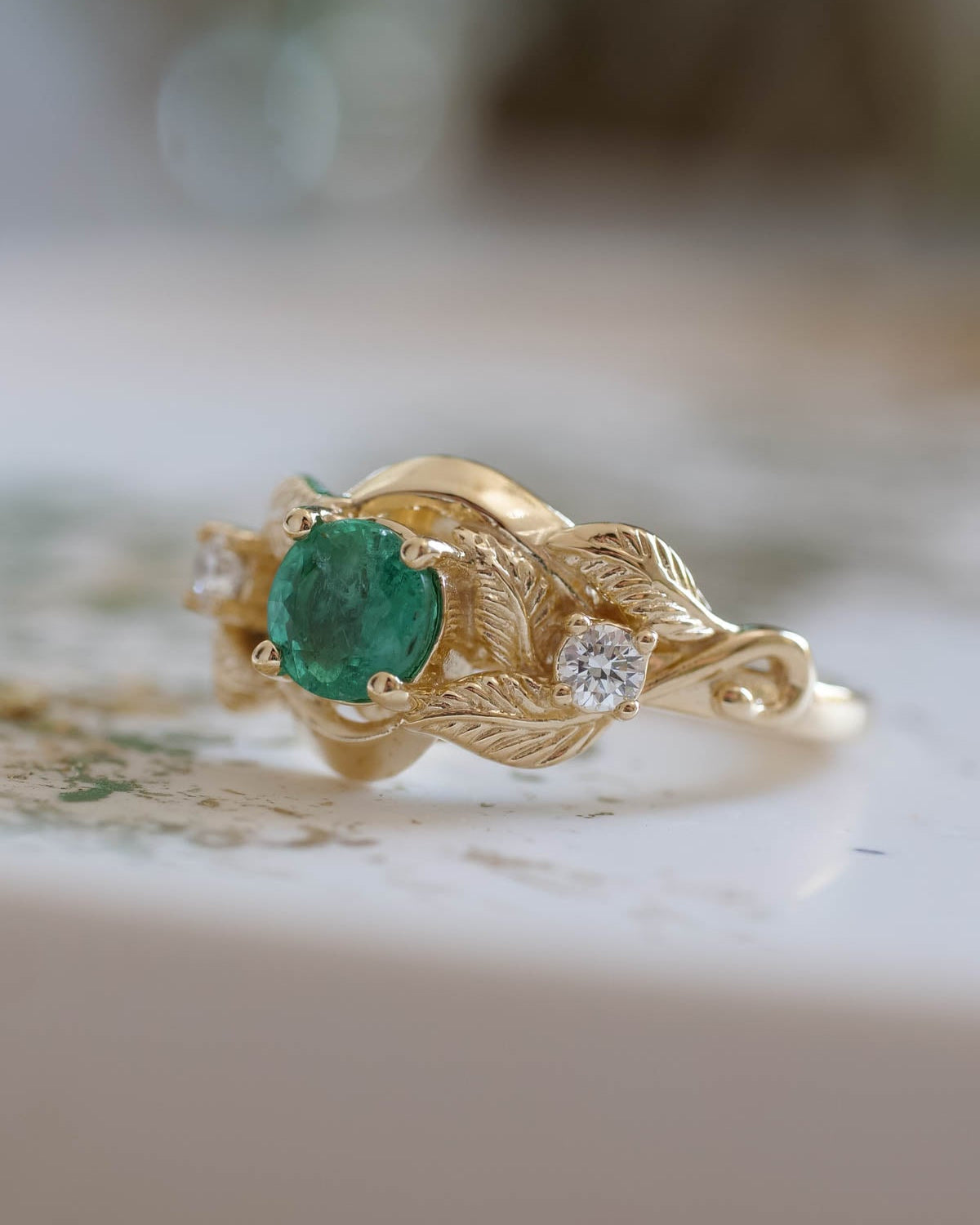 Emerald proposal ring, leaf twig ring with diamonds / Azalea - Eden Garden Jewelry™