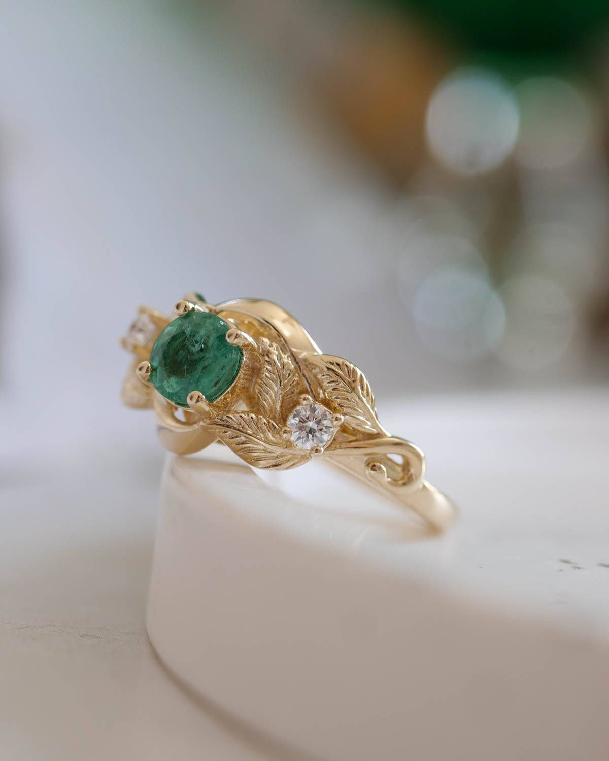 Emerald proposal ring, leaf twig ring with diamonds / Azalea - Eden Garden Jewelry™