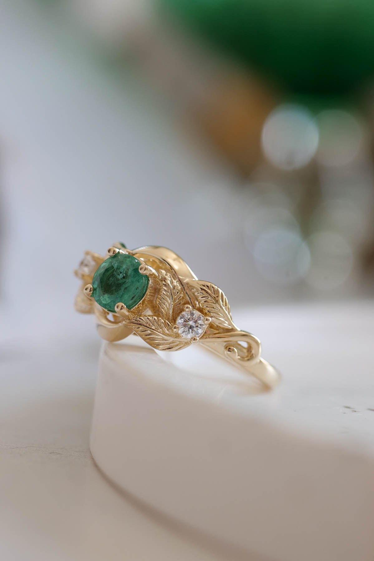Emerald proposal ring, leaf twig ring with diamonds / Azalea - Eden Garden Jewelry™