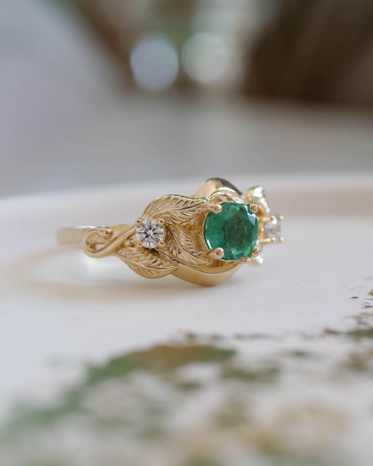 Emerald proposal ring, leaf twig ring with diamonds / Azalea - Eden Garden Jewelry™