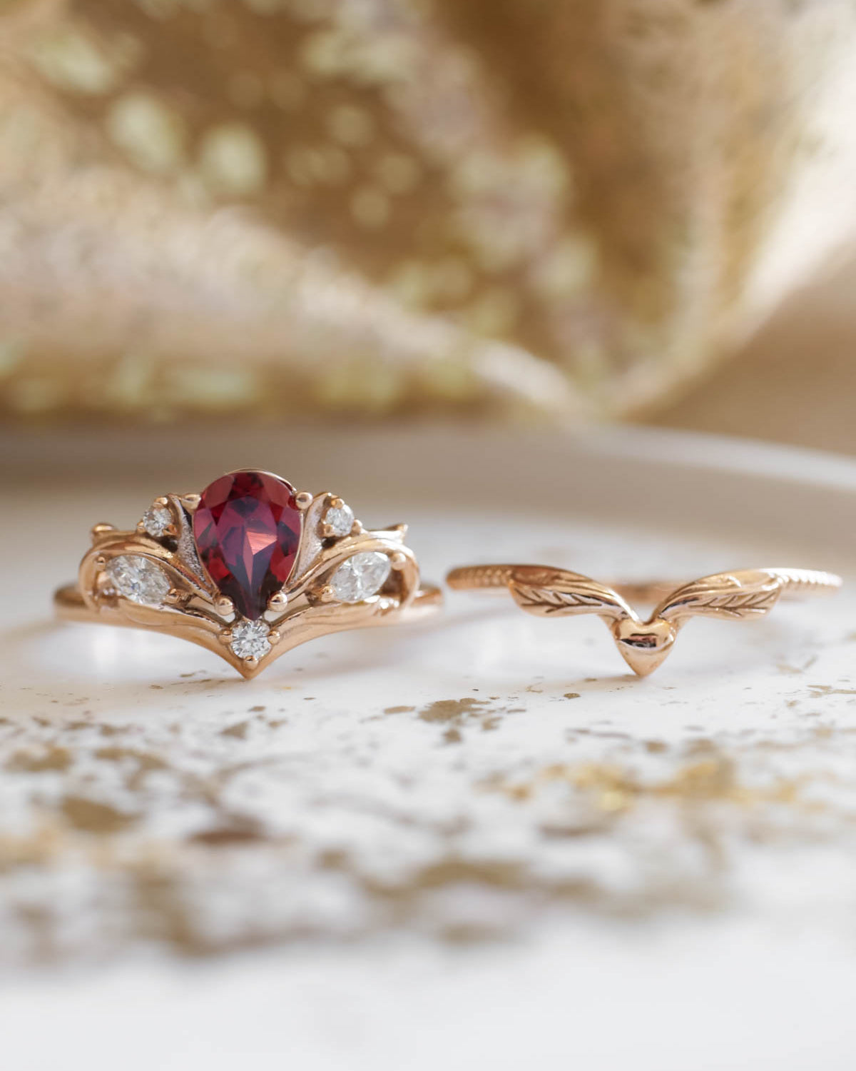 Pear shaped garnet engagement ring, alternative bridal ring set / Swanlake - Eden Garden Jewelry™