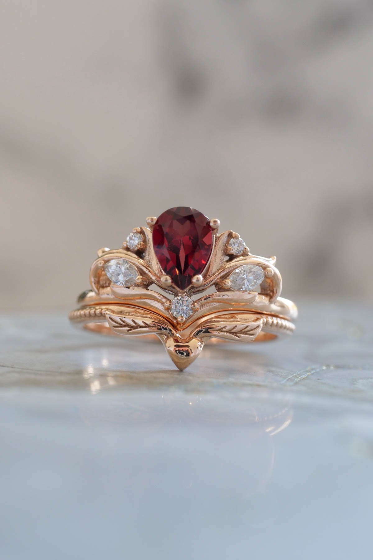 Pear shaped garnet engagement ring, alternative bridal ring set ...