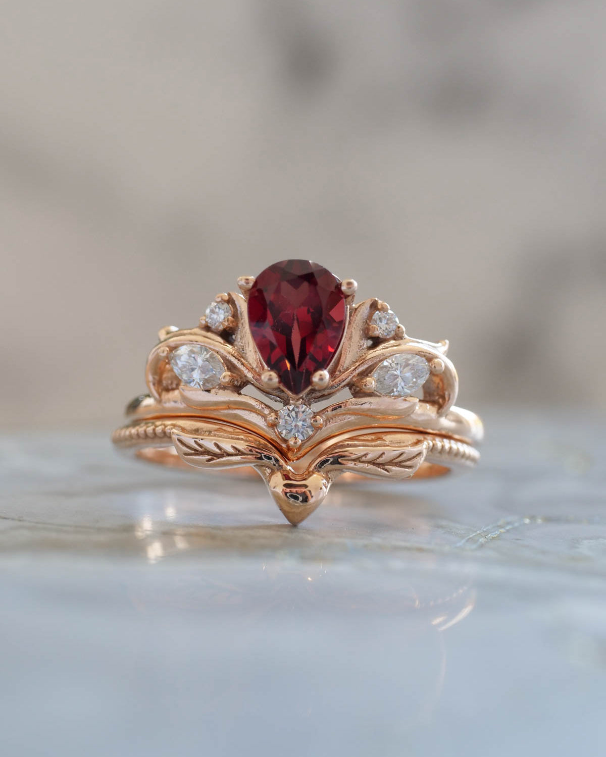 Pear shaped garnet engagement ring, alternative bridal ring set / Swanlake - Eden Garden Jewelry™