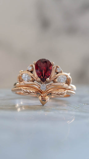 Pear shaped garnet engagement ring, alternative bridal ring set / Swanlake - Eden Garden Jewelry™