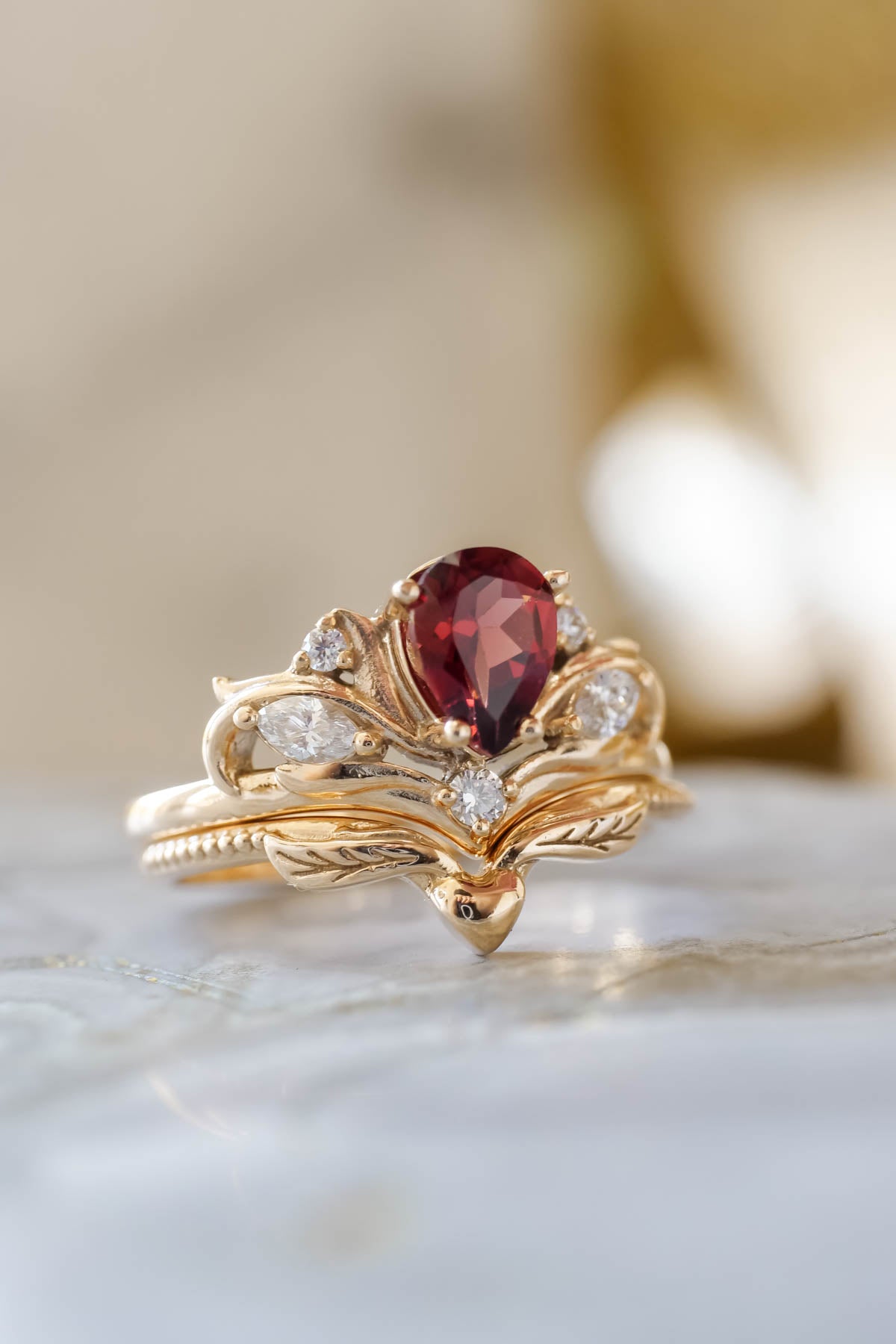 Pear shaped garnet engagement ring, alternative bridal ring set ...