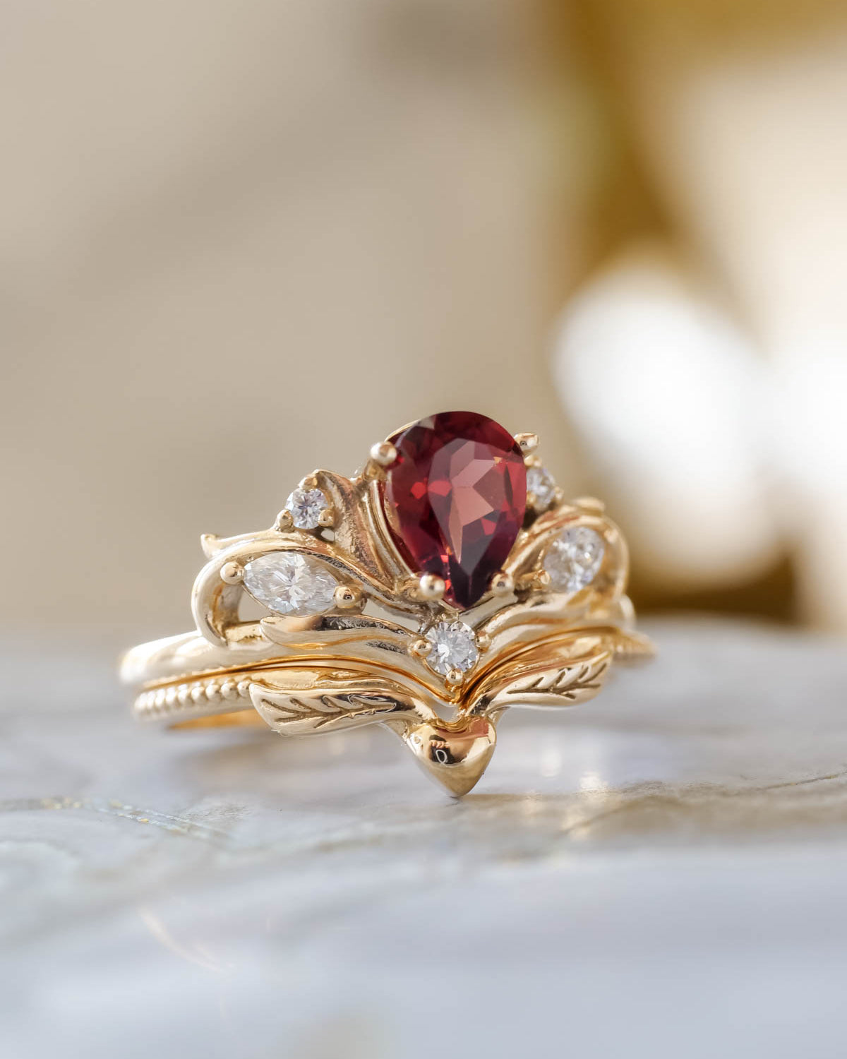 Pear shaped garnet engagement ring, alternative bridal ring set / Swanlake - Eden Garden Jewelry™