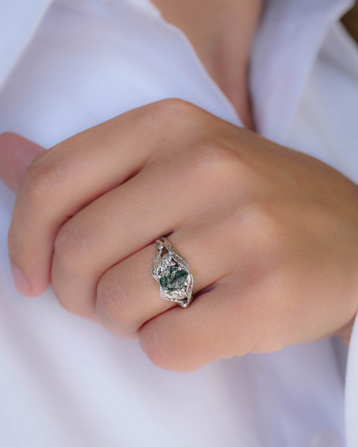 Natural moss agate engagement ring, tree branch ring / Viola - Eden Garden Jewelry™