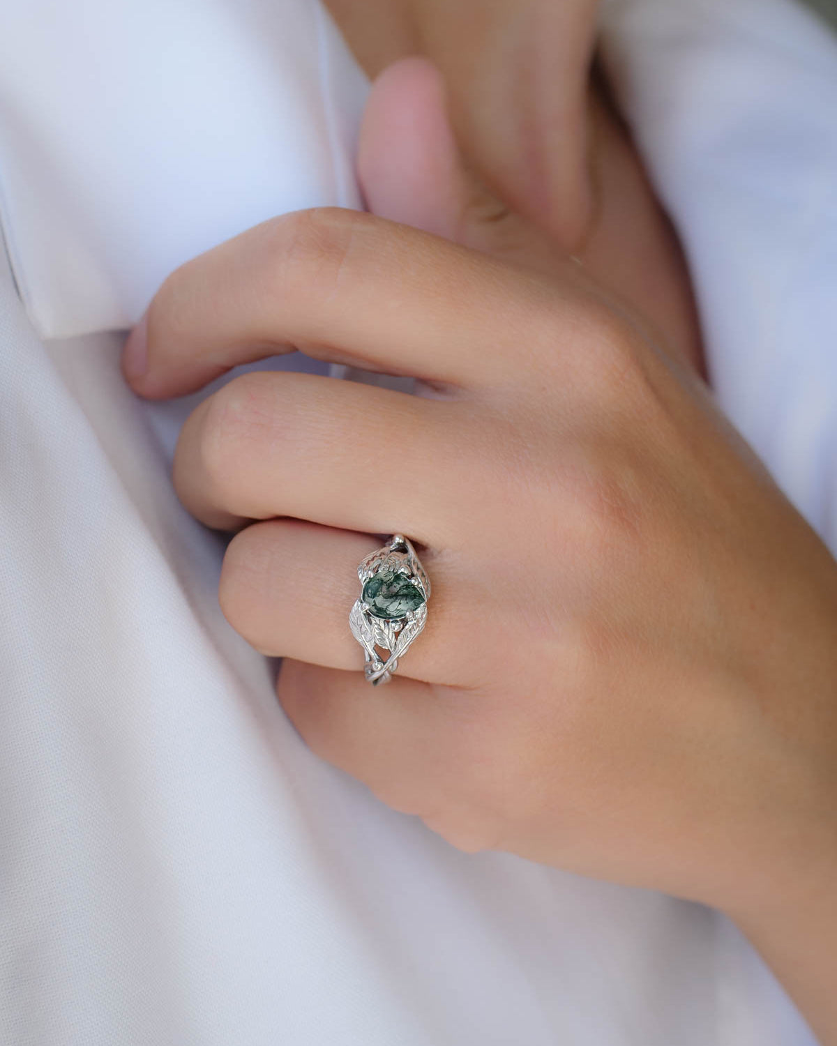 Natural moss agate engagement ring, tree branch ring / Viola - Eden Garden Jewelry™